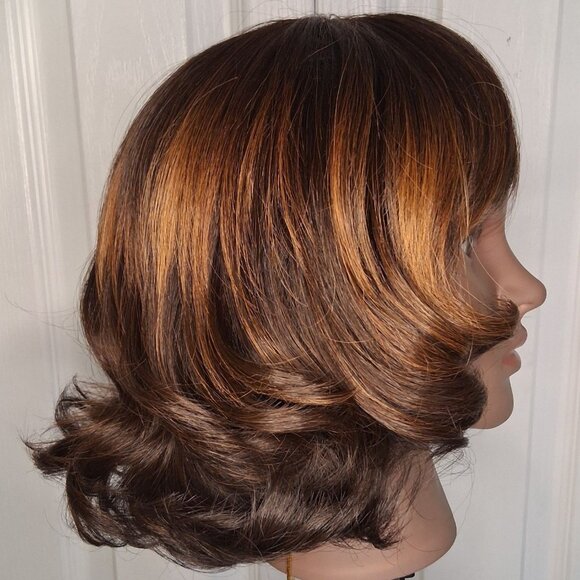 Short Wavy Synthetic Blossom Wig Daily Highlights Bangs Curly Light Dark Brown - Picture 3 of 9